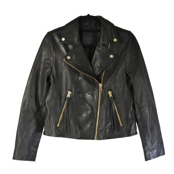 AllSaints Dalby Slim Fit Leather Biker Jacket Black/Gold - Picture 10 of 13